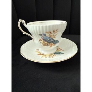 QUEENS ROSINA ENGLAND BIRDS OF AMERICA FOOTED CUP & SAUCER BLUE JAYS GOLD TRIM